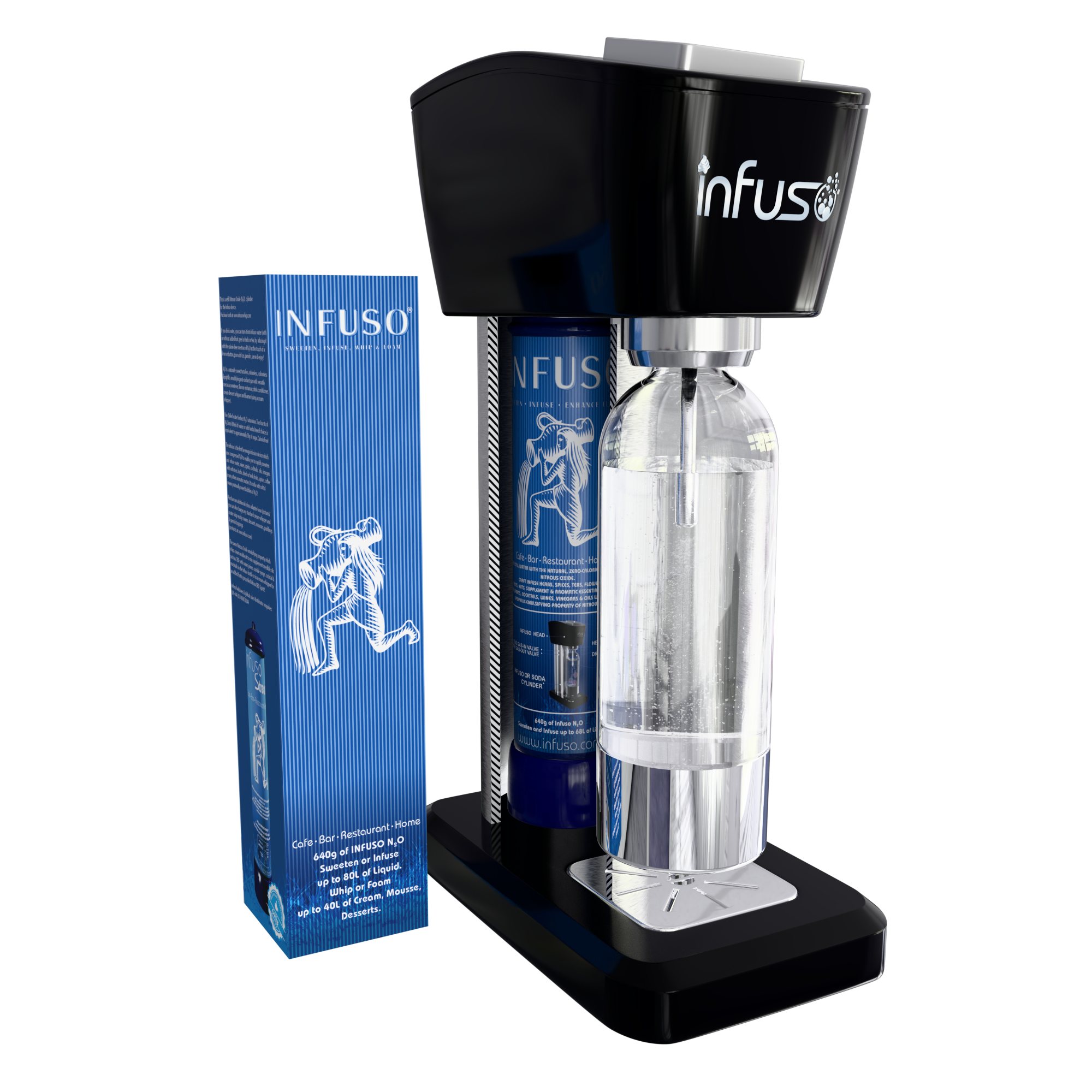 Infuso® Cocktail Water Flavouring Machine includes one flavoured 640g N2O cylinder