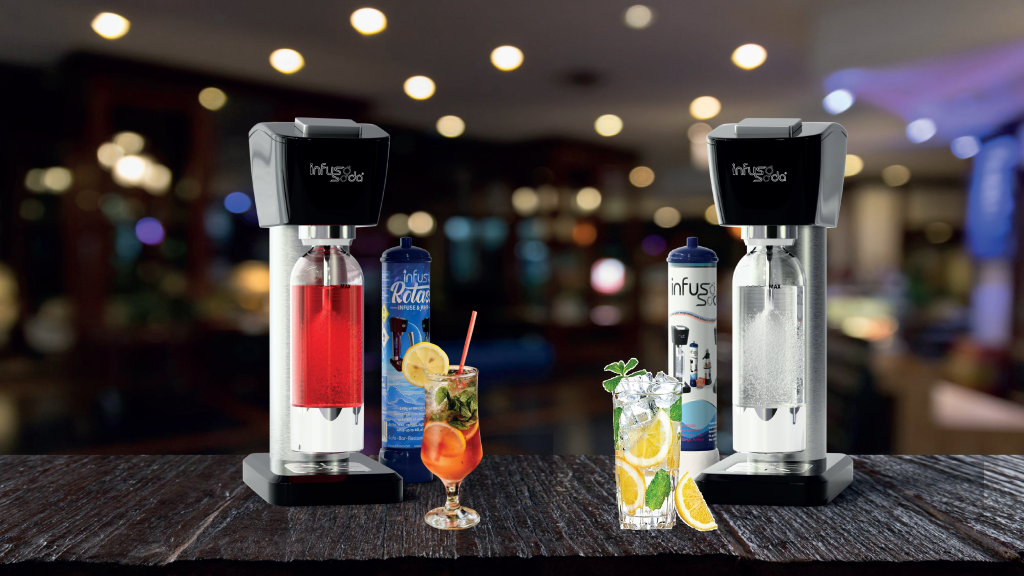 Two Infuso soda appliances on a bar counter with drinks