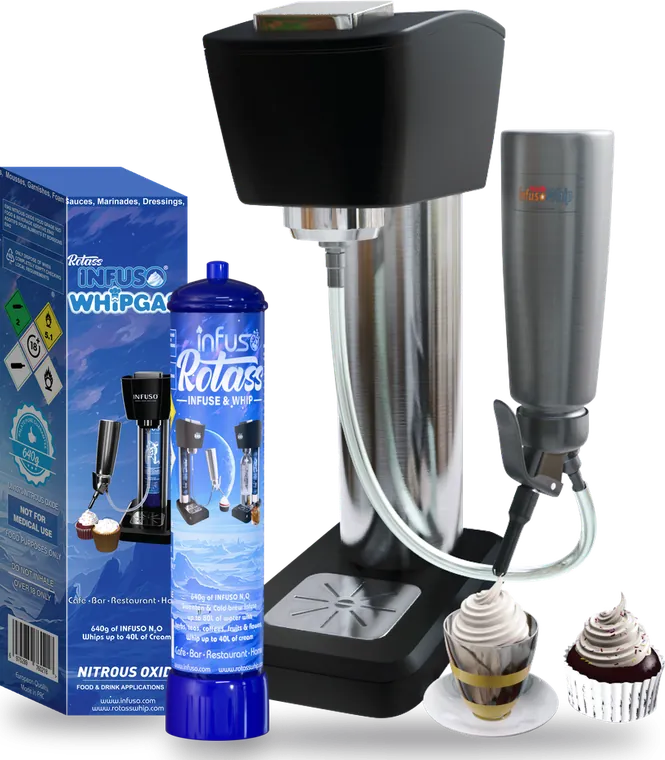Infuso Whip appliance with Infuso Rotass N₂O 640g cylinder and WhipGas box